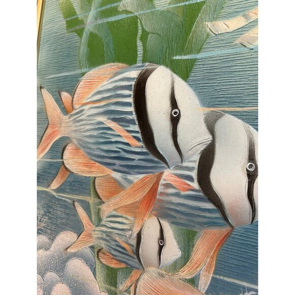 Vtg Original Thick Texture Oil Painting Tropical Fish Brass Frame 20" Registered - Picture 7 of 13